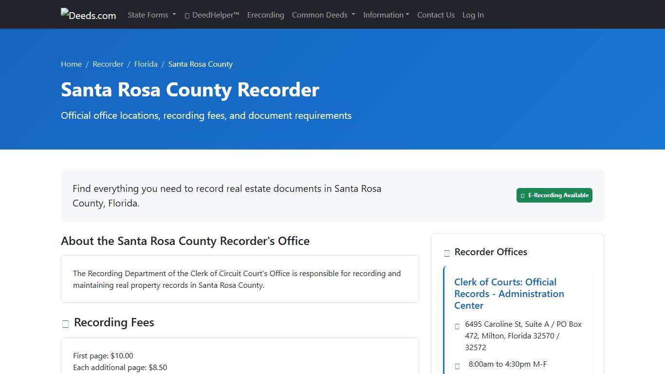 Santa Rosa County Recorder Information, Florida - Deeds.com